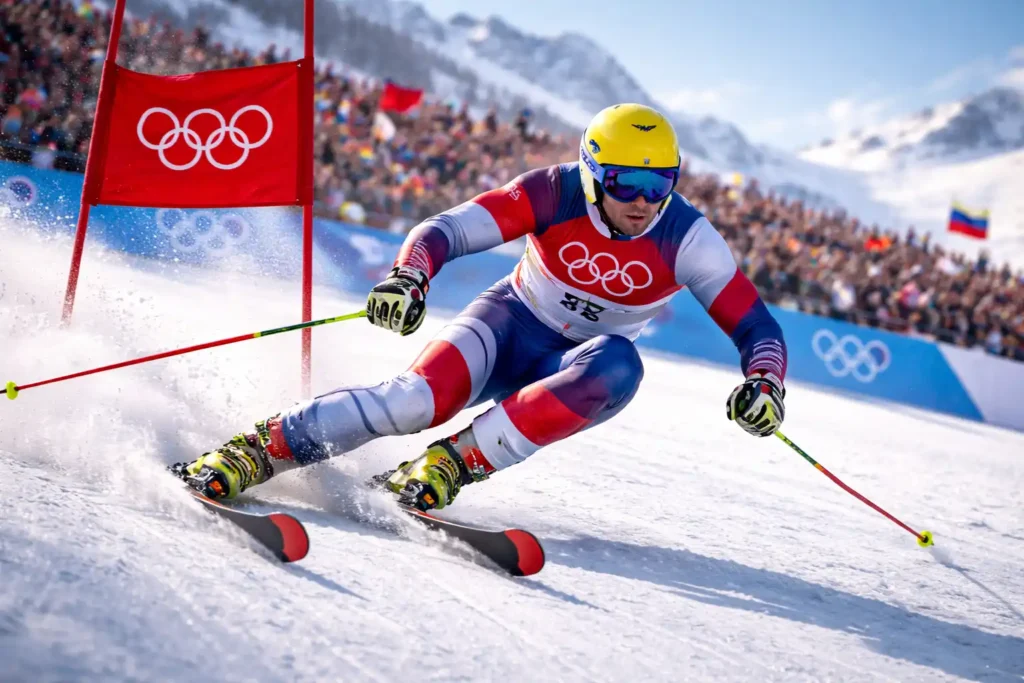 Atleta de esqui alpino competindo nos Jogos Olímpicos de Inverno, fazendo curva em alta velocidade na neve com montanhas ao fundo e bandeira olímpica ao lado, representando esporte de inverno olímpico e a diferença entre Olimpíadas de Verão e Inverno.