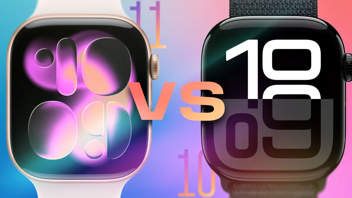Comparação visual da diferença entre Apple Watch Series 11 vs. Series 10, mostrando os dois modelos lado a lado, com design semelhante, telas OLED e numeração destacando as gerações 11 e 10.