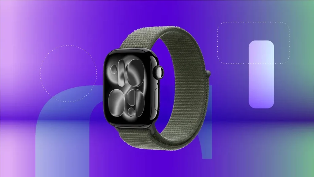 Imagem de destaque do Apple Watch mostrando o design do relógio com pulseira esportiva, ilustrando a diferença entre Apple Watch Series 11 vs. Series 10, com foco no visual da tela, acabamento e estilo do smartwatch.
