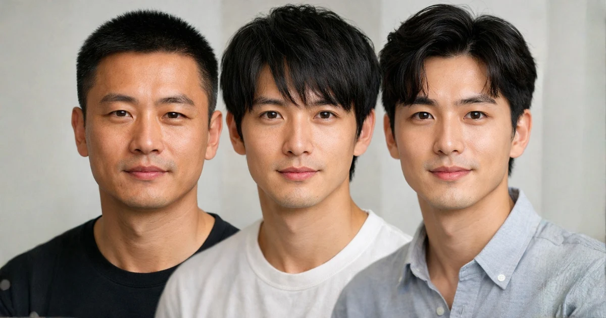 Rostos de um chinês, um japonês e um coreano lado a lado, ilustrando visualmente a diferença entre chinês, japonês e coreano por meio de traços faciais e origem cultural.