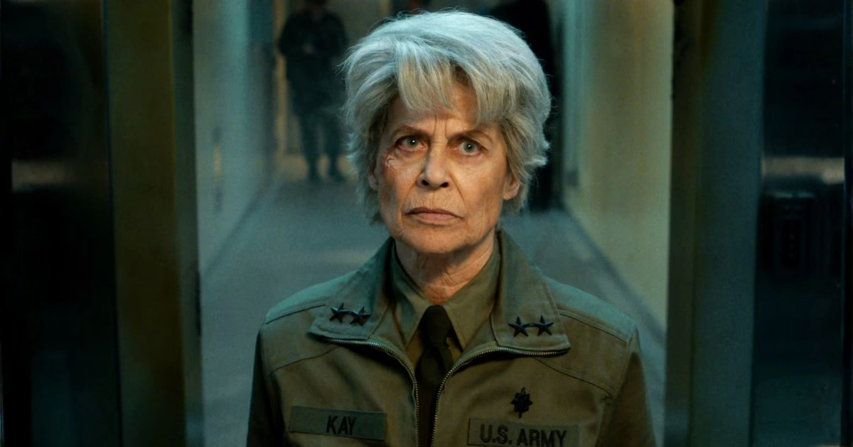 Dr. Kay em Stranger Things, interpretada por Linda Hamilton, aparece em um corredor militar usando uniforme do exército dos Estados Unidos, com expressão fria e séria, representando a antagonista da temporada final e evidenciando a diferença entre Dr. Brenner e Dr. Kay em Stranger Things.
