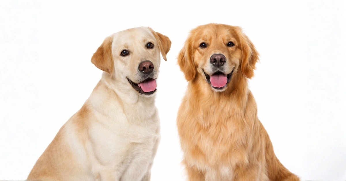 Comparação visual da diferença entre Golden Retriever vs. Labrador Retriever, mostrando um Labrador amarelo de pelo curto ao lado de um Golden Retriever dourado de pelo longo, destacando as diferenças de pelagem, estrutura corporal e aparência entre as duas raças.