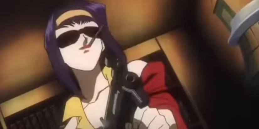 Faye Valentine no anime Cowboy Bebop segurando uma arma e fumando, ilustrando a diferença entre a versão animada e o live-action da Netflix.