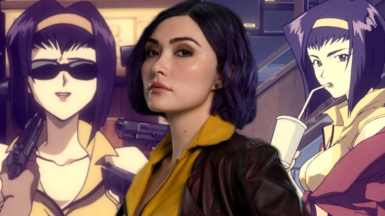 Comparação visual mostrando a diferença entre a Faye Valentine do anime Cowboy Bebop e a Faye Valentine do live-action da Netflix, destacando mudanças no visual, figurino e personalidade da personagem.