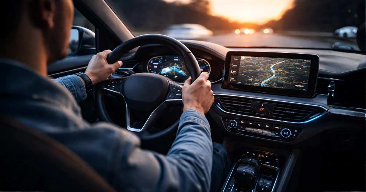Pessoa dirigindo carro moderno com direção elétrica, painel digital iluminado ao pôr do sol, representando a diferença entre direção hidráulica e direção elétrica e a economia de combustível.