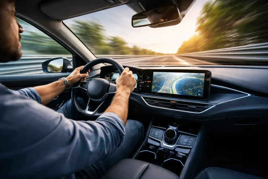 Pessoa dirigindo carro elétrico moderno ao pôr do sol, com painel digital e sistema de direção elétrica em destaque, ilustrando a diferença entre direção hidráulica e direção elétrica.