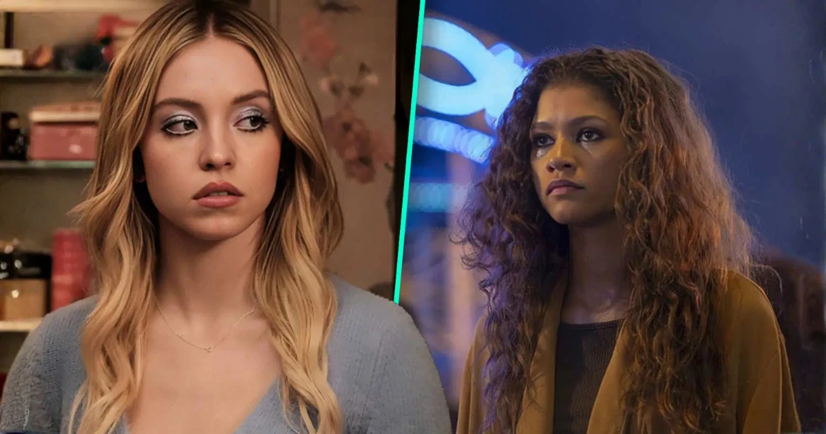 Comparação visual entre Sydney Sweeney e Zendaya na série Euphoria, destacando a diferença entre o salário de Zendaya e Sydney Sweeney, com as duas atrizes em cenas contrastantes que representam seus diferentes níveis de protagonismo e valorização em Hollywood.