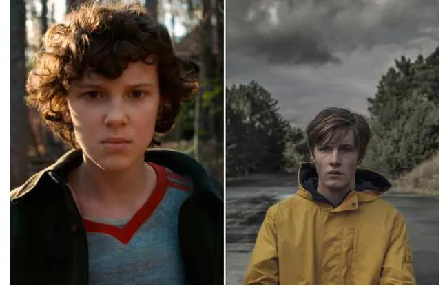 Comparação visual Dark vs Stranger Things mostrando Eleven, da série Stranger Things, e Jonas Kahnwald, da série Dark, lado a lado, destacando as diferenças de atmosfera, personagens e estilo entre as duas produções da Netflix.