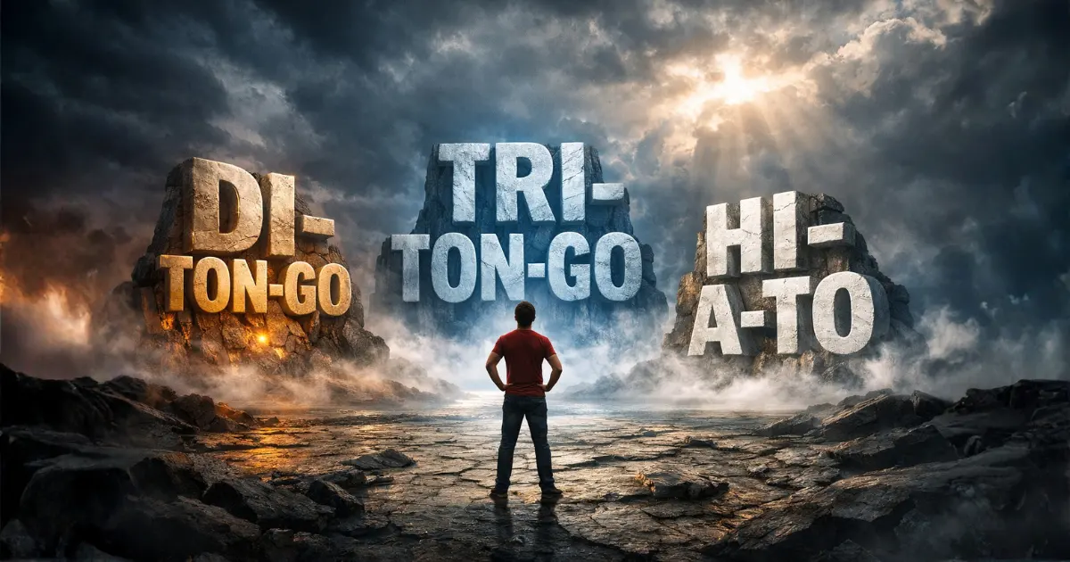 Imagem dramática representando ditongo, tritongo e hiato, com uma pessoa em pé observando três sílabas gigantes escritas DI-TON-GO, TRI-TON-GO e HI-A-TO, simbolizando encontros vocálicos e separação de sílabas na língua portuguesa.