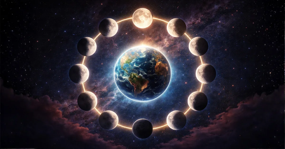 Imagem do ciclo lunar com todas as fases da lua ao redor da Terra ao longo do ano