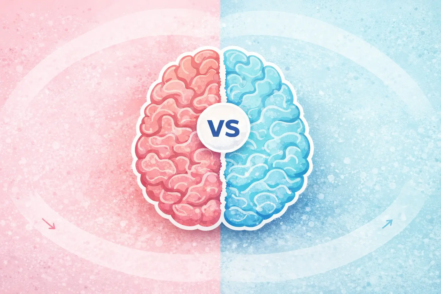 Ilustração de um cérebro dividido ao meio com a palavra “VS” ao centro, representando a comparação visual entre Demência vs. Doença de Alzheimer, destacando a diferença entre Alzheimer como uma doença específica e demência como um termo geral para declínio cognitivo.