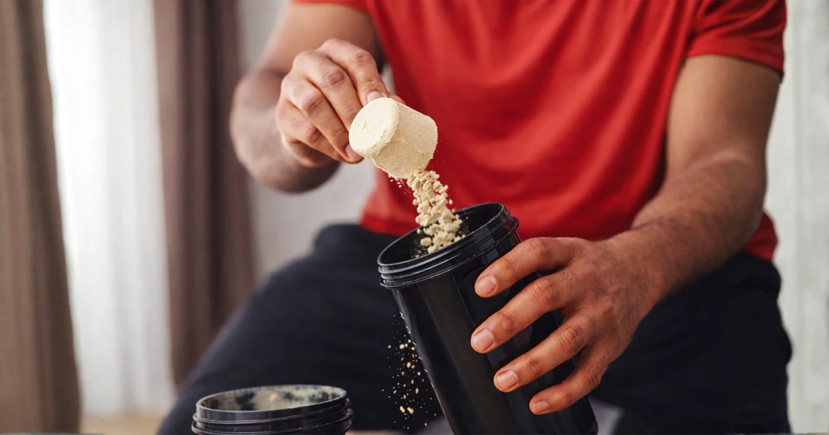 Homem adicionando whey protein em shaker para ilustrar qual é a diferença entre whey protein isolado e whey protein concentrado