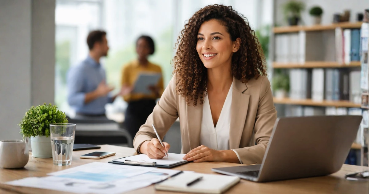 Profissional competente trabalhando no escritório, demonstrando soft skills como comunicação, foco e organização em ambiente corporativo moderno.