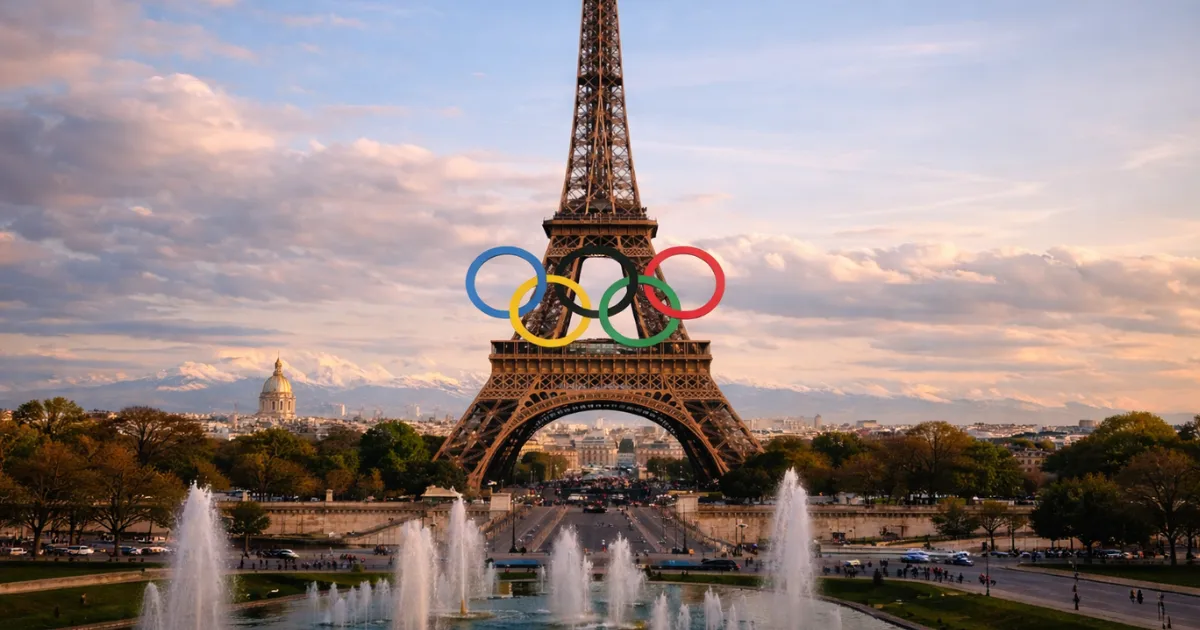 Torre Eiffel em Paris iluminada ao pôr do sol com os anéis olímpicos coloridos ao centro, simbolizando Verão vs. Inverno: a diferença entre as duas Olimpíadas, com fontes do Trocadéro e o skyline parisiense ao fundo.