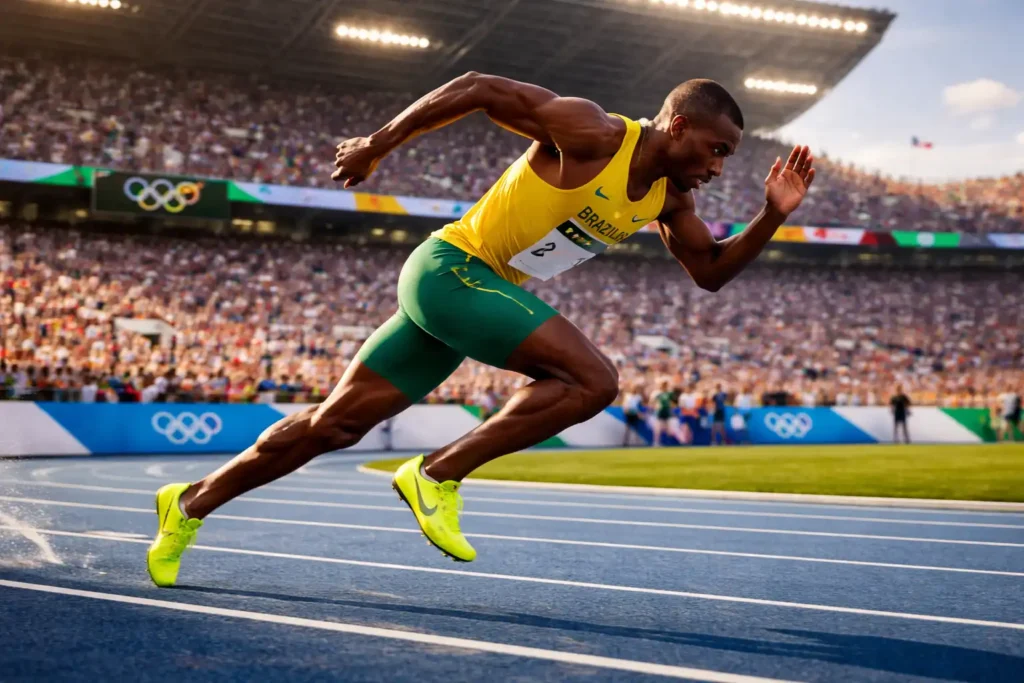 Atleta de atletismo competindo em prova de velocidade nas Olimpíadas de Verão, correndo em pista azul dentro de estádio lotado, representando a intensidade e a emoção dos Jogos Olímpicos.