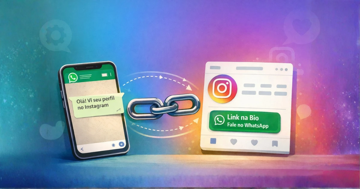 Ilustração comparativa mostrando como colocar link do WhatsApp no Instagram, com celular exibindo conversa no WhatsApp conectado a um perfil do Instagram com botão de link na bio para falar no WhatsApp.
