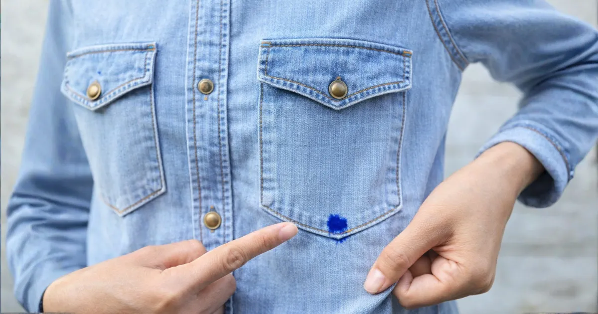Close-up de camisa jeans azul clara com bolso frontal e botão metálico, mostrando mancha de tinta azul próxima ao bolso enquanto uma mão aponta para a sujeira no tecido.