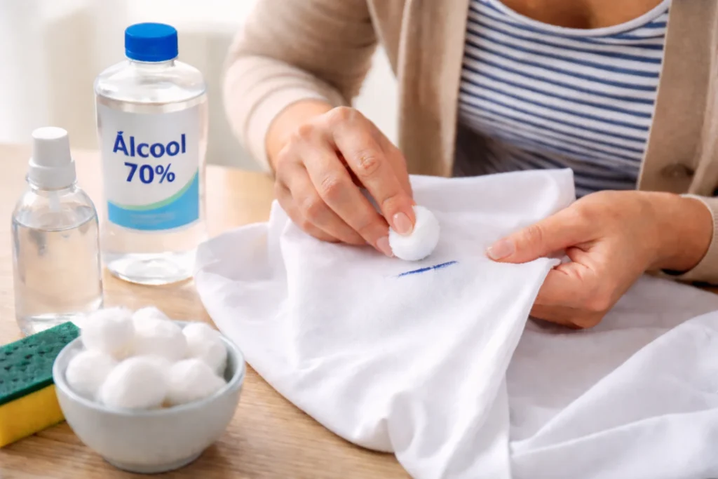 Pessoa removendo mancha de caneta azul de roupa branca com algodão e álcool 70%, aplicando o produto suavemente sobre a área manchada para dissolver a tinta sem danificar o tecido.