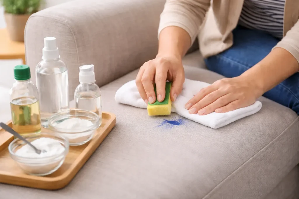 Pessoa removendo mancha de caneta azul do sofá de tecido bege com esponja e pano branco, utilizando produtos caseiros como vinagre e bicarbonato de sódio para limpar a área manchada sem danificar o tecido.