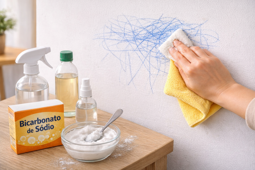 Pessoa removendo mancha de caneta azul da parede branca com esponja e bicarbonato de sódio, limpando rabiscos feitos por crianças com pano amarelo e produtos de limpeza sobre mesa de madeira.