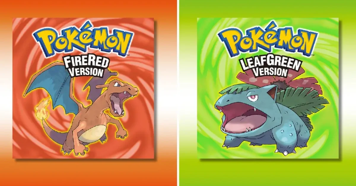 Imagem comparativa mostrando a diferença entre Pokémon FireRed e Pokémon LeafGreen, com as capas lado a lado: Charizard sobre fundo vermelho na versão FireRed e Venusaur sobre fundo verde na versão LeafGreen.