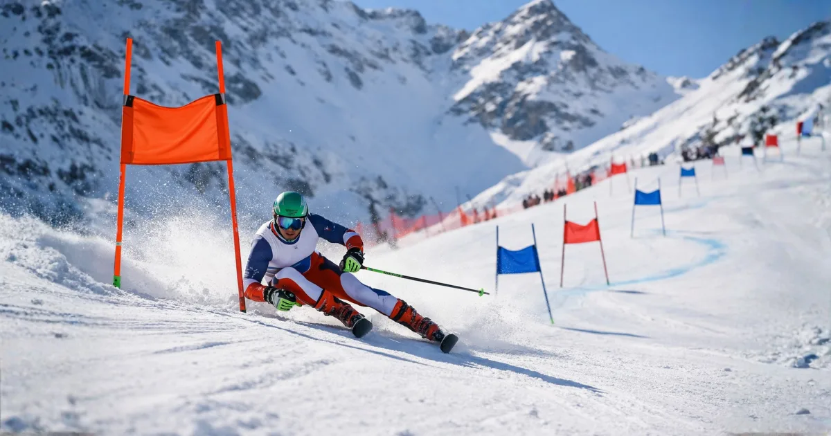 Esquiador competindo no slalom gigante durante prova de esqui alpino nas Olimpíadas de Inverno, fazendo curva em alta velocidade entre bandeiras na pista nevada.