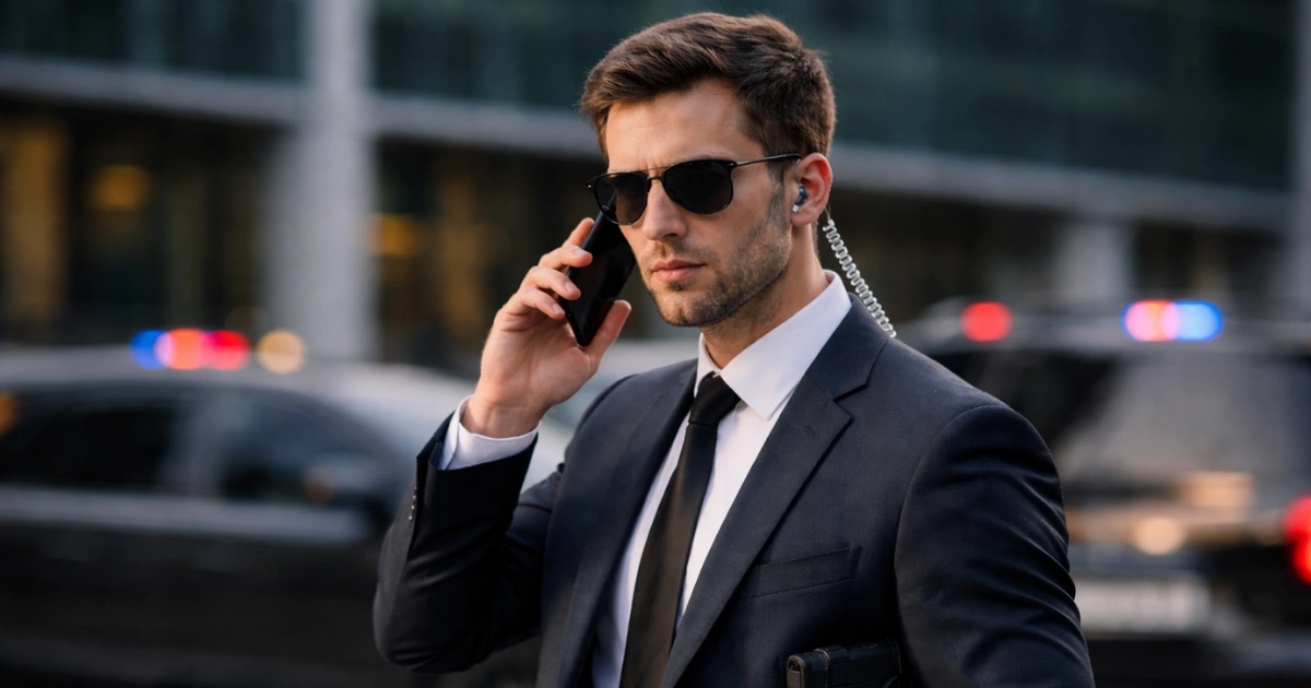 Agente secreto usando terno escuro e óculos escuros, falando ao celular em ambiente urbano, representando a palavra agente e sua função específica na diferença entre a gente e agente.