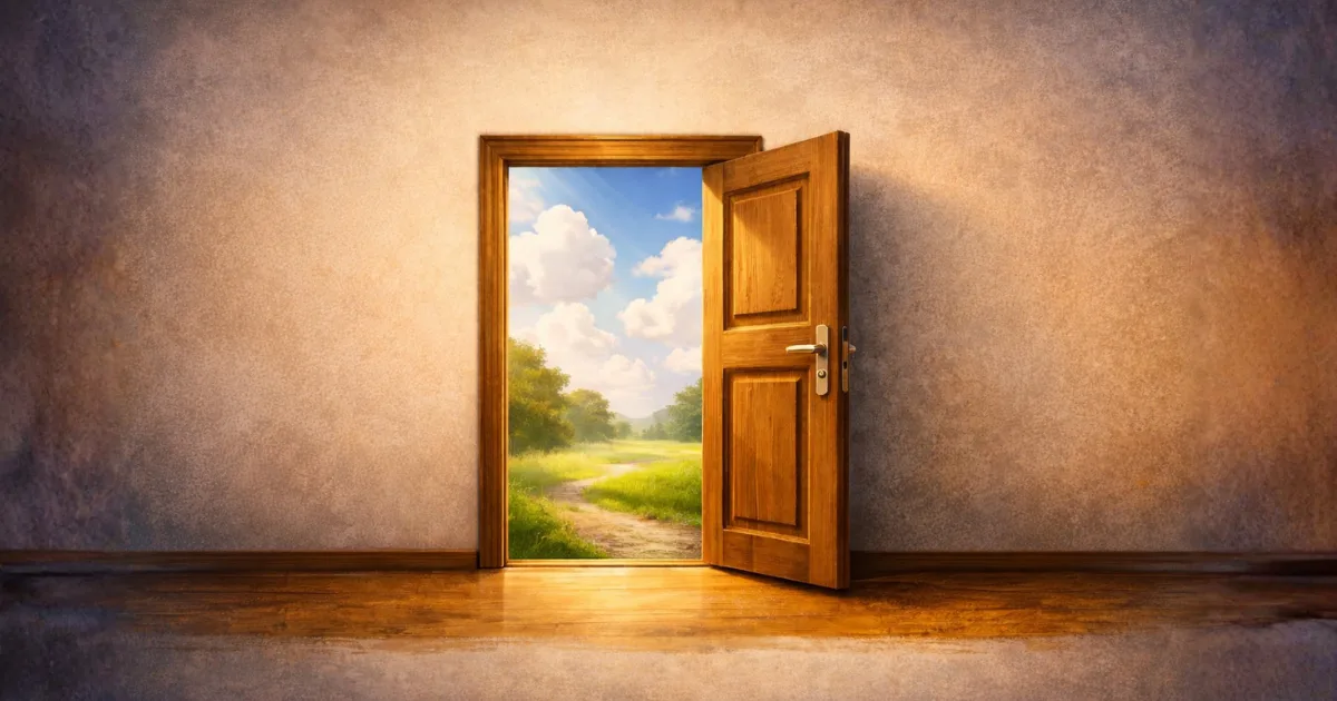 Ilustração de porta aberta para paisagem iluminada, representando o verbo haver no sentido de existir e a diferença entre a ver e haver na língua portuguesa.