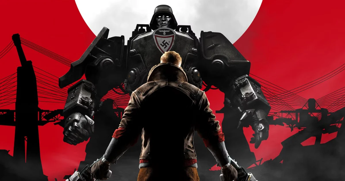 Cena inspirada em Wolfenstein mostrando soldado de costas enfrentando um enorme robô nazista em cenário vermelho dramático, representando a adaptação da franquia para TV e a diferença entre adaptar Fallout e Wolfenstein. Image: Bethesda