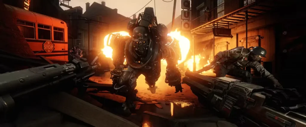 Cena de ação do jogo Wolfenstein com soldados nazistas e robô de combate avançando em rua em chamas, destacando o tom intenso da franquia e a diferença entre adaptar Fallout e Wolfenstein para televisão. Image: MachineGames/Bethesda Softworks