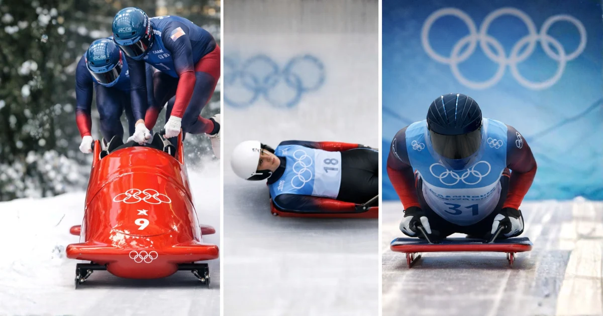 Comparação visual entre bobsleigh, skeleton e luge nos Jogos Olímpicos de Inverno, mostrando atletas em posições diferentes na pista de gelo.