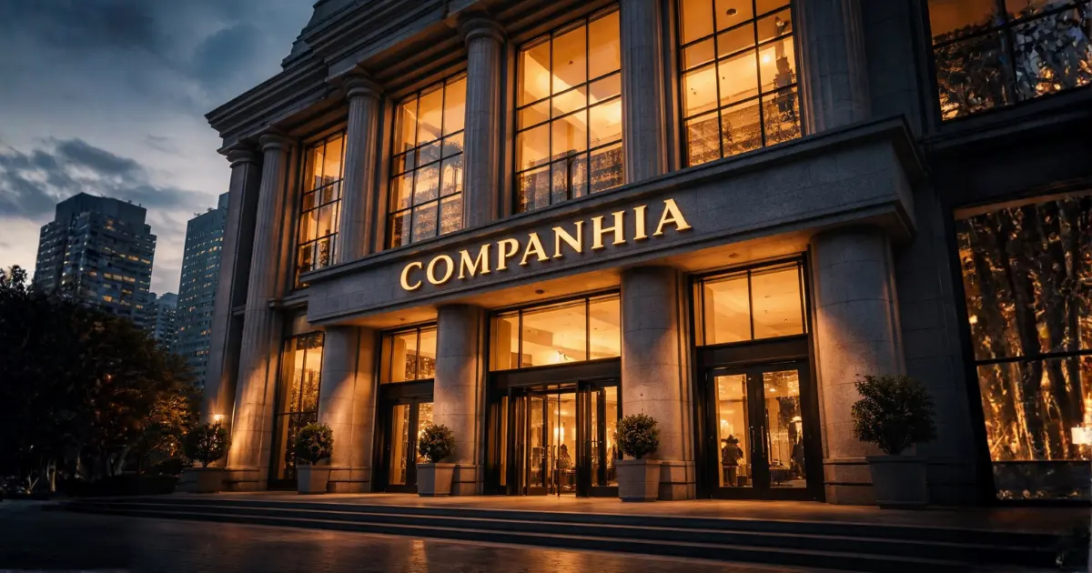 Fachada iluminada de uma grande companhia empresarial com arquitetura imponente e prédio corporativo ao entardecer, representando o conceito de empresa na diferença entre companhia e compania.