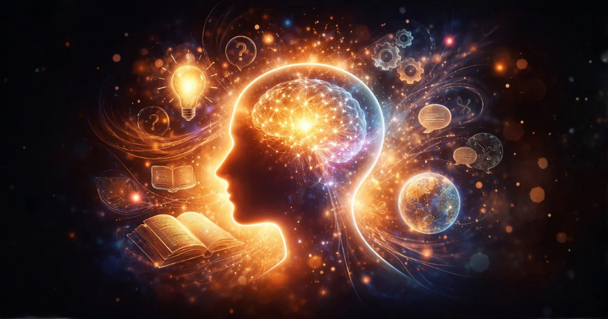 Ilustração representando o conceito como construção mental, com silhueta humana e cérebro iluminado cercado por ideias, símbolos e conexões abstratas, relacionada à diferença entre conceito e definição.