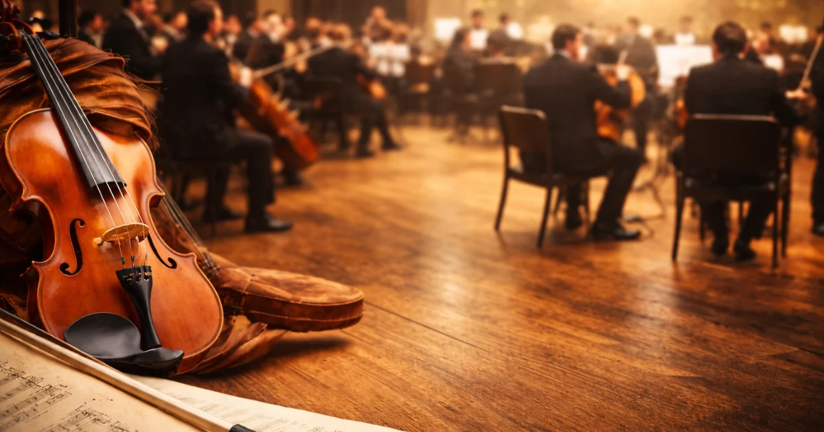 Violino sobre partitura em palco iluminado durante apresentação musical, representando concerto e a diferença entre concerto e conserto
