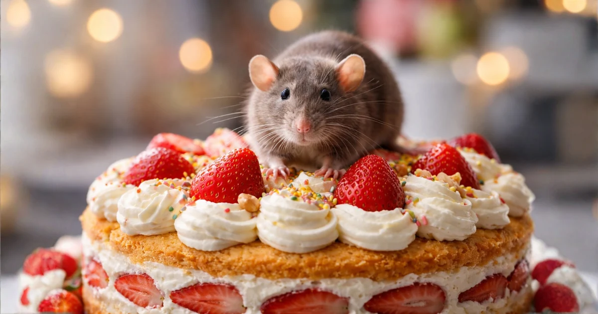 Rato em cima de um bolo decorado com morangos e chantilly, ilustrando de forma visual a diferença entre encima e em cima na língua portuguesa.
