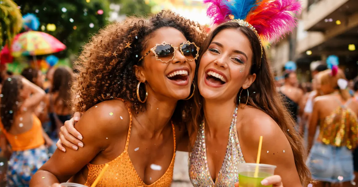 Duas mulheres se divertindo no Carnaval brasileiro, sorrindo e usando fantasias coloridas, representando a diferença entre flerte e importunação em ambiente de respeito e consentimento.