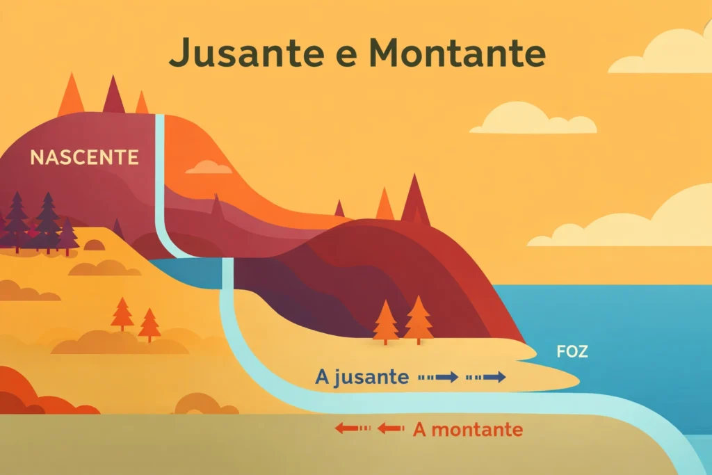 Ilustração explicativa da diferença entre jusante e montante mostrando o fluxo de água do rio da nascente até a foz, com indicação de direção a jusante e a montante.