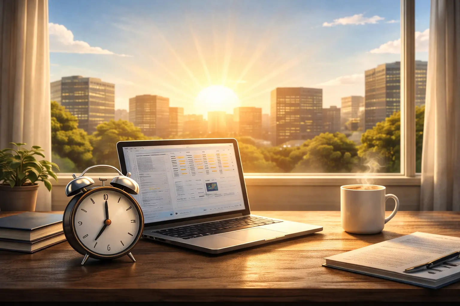 Imagem representando o período matutino, com luz natural da manhã iluminando um ambiente de trabalho, relógio marcando o início do dia, computador e café sobre a mesa, simbolizando o turno matutino, quando as atividades acontecem pela manhã.