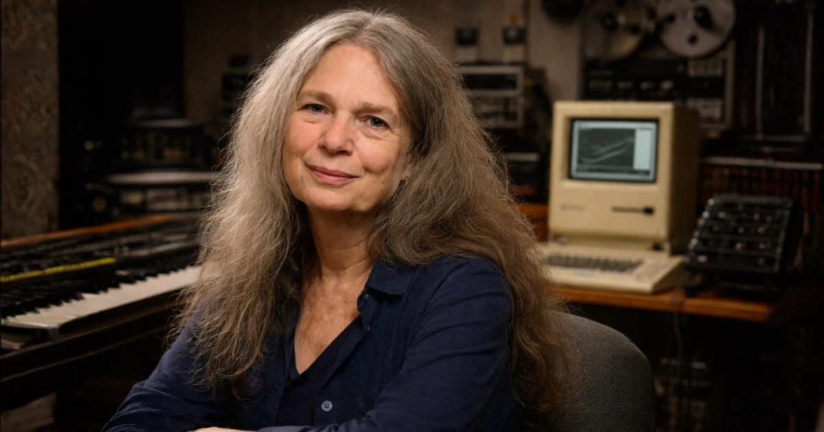 Laurie Spiegel em estúdio de música eletrônica com sintetizadores vintage e computador Macintosh antigo ao fundo, retrato da compositora pioneira discutindo a diferença entre música algorítmica e IA.