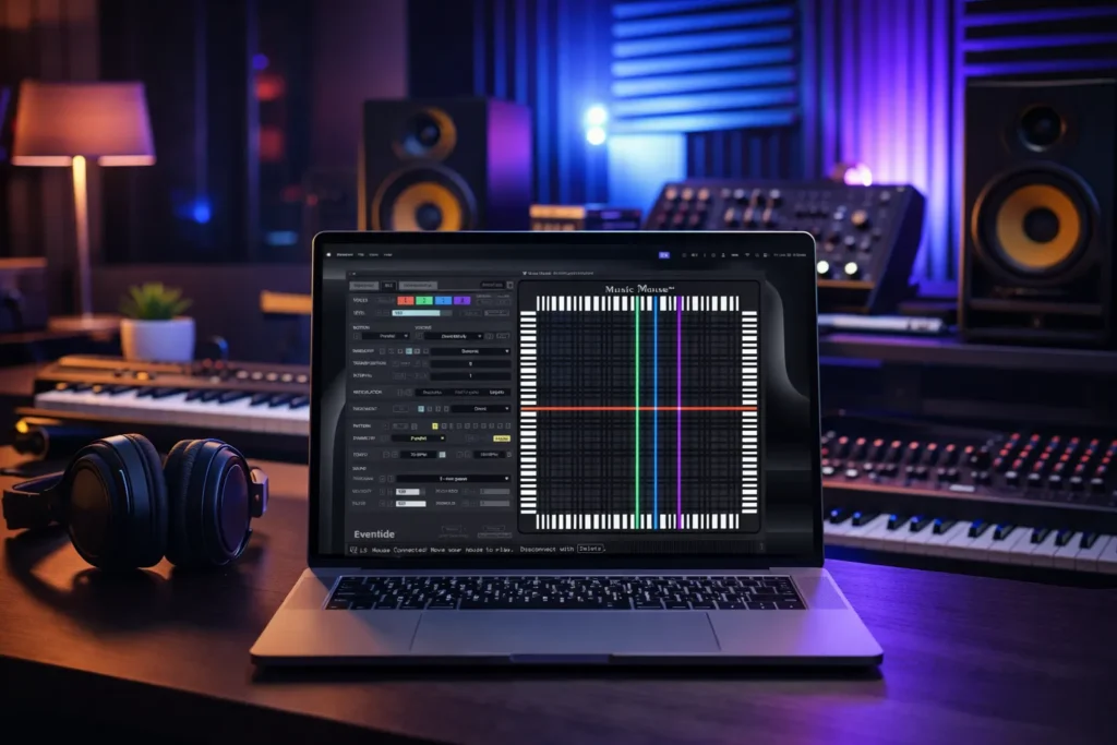 Interface do Music Mouse aberta em notebook em estúdio de produção musical com sintetizadores e monitores de áudio ao fundo, ilustrando a diferença entre música algorítmica e IA.