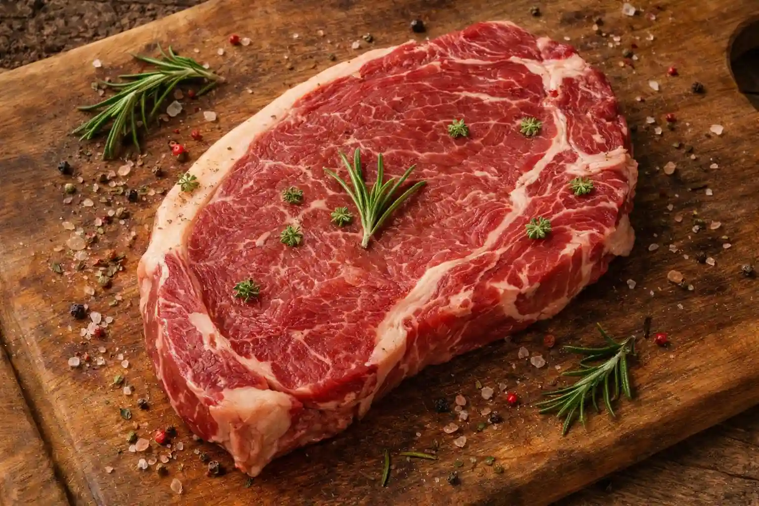 Bife de ribeye cru sobre tábua de madeira com sal grosso e alecrim, ilustrando a maior diferença entre o bife de ribeye com osso e o ribeye sem osso