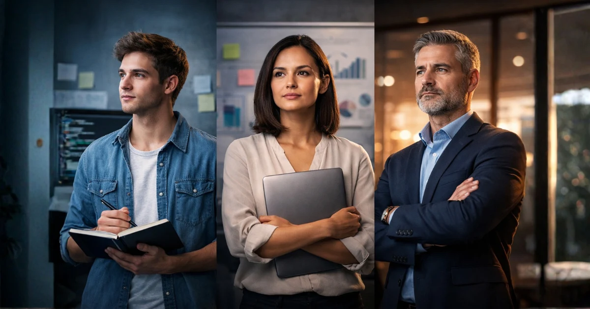 Imagem dramática mostrando a diferença entre profissionais júnior, pleno e sênior lado a lado em ambiente corporativo, representando níveis de experiência, autonomia e liderança na carreira profissional.