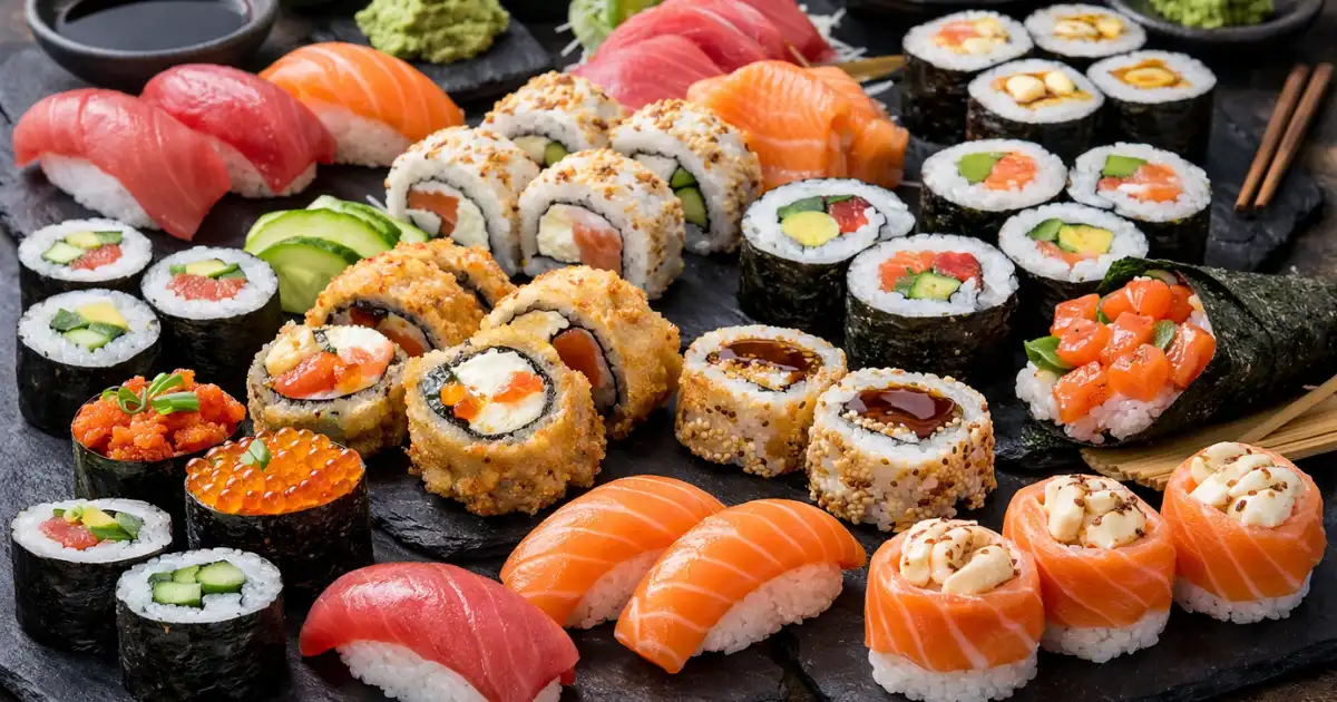 Vários tipos de sushi organizados sobre mesa escura, incluindo nigiri de salmão e atum, uramaki com gergelim, hossomaki, hot roll empanado, temaki e gunkan com ovas, ilustrando a diferença entre tipos de sushi.