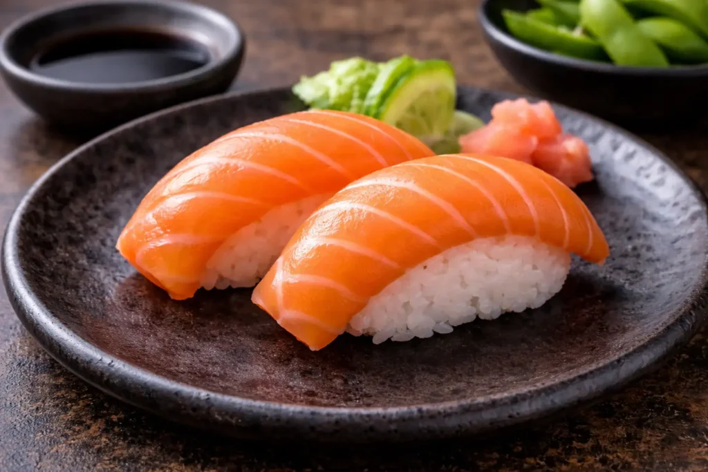 Nigiri de salmão servido em prato escuro, com arroz moldado à mão e fatia de peixe cru por cima, exemplo clássico para entender a diferença entre tipos de sushi.
