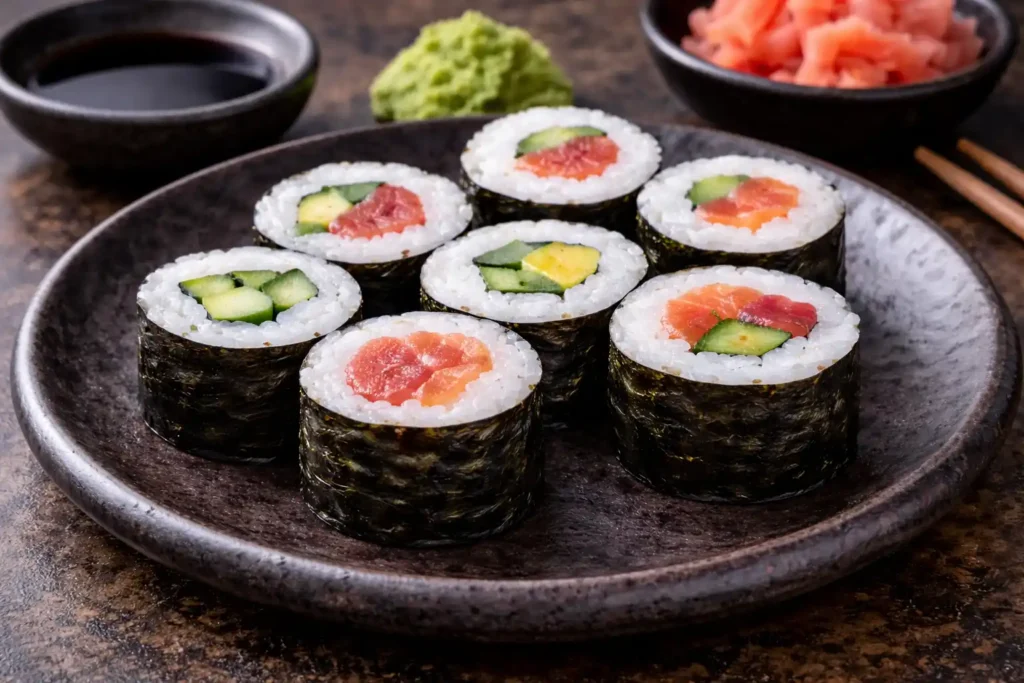 Makizushi tradicional servido em prato escuro, com hossomaki de salmão, atum e pepino envoltos em alga nori, ilustrando a diferença entre tipos de sushi enrolados.