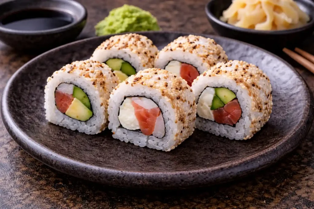 Uramaki com arroz por fora e gergelim sobre prato escuro, recheado com salmão, pepino e cream cheese, ilustrando a diferença entre tipos de sushi.