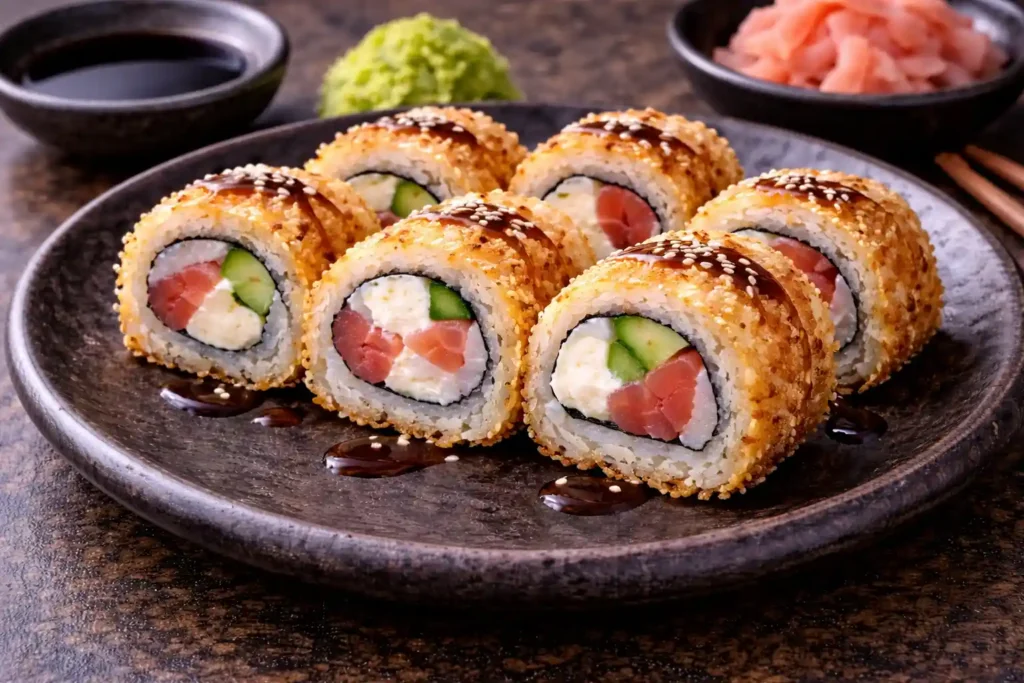 Hot roll empanado e frito servido em prato escuro, com recheio de salmão, cream cheese e pepino, ilustrando a diferença entre tipos de sushi tradicionais e versões fritas.
