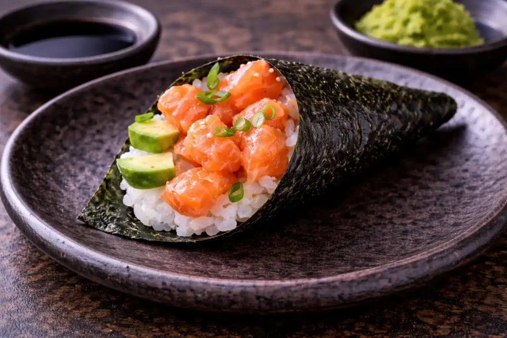 Temaki de salmão servido sobre prato escuro, com arroz japonês, cubos de salmão cru e abacate envoltos em alga nori em formato de cone, exemplo da diferença entre tipos de sushi.