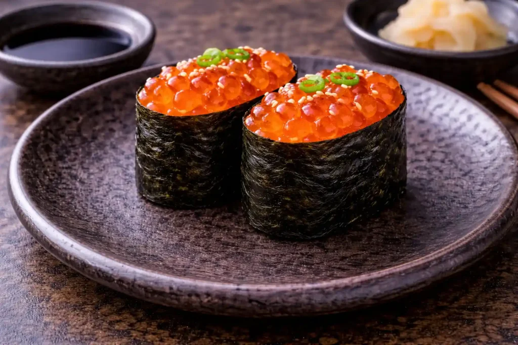 Gunkanmaki com ovas de salmão (ikura) sobre prato escuro, mostrando arroz envolto em nori e recheio no topo, exemplo da diferença entre tipos de sushi.