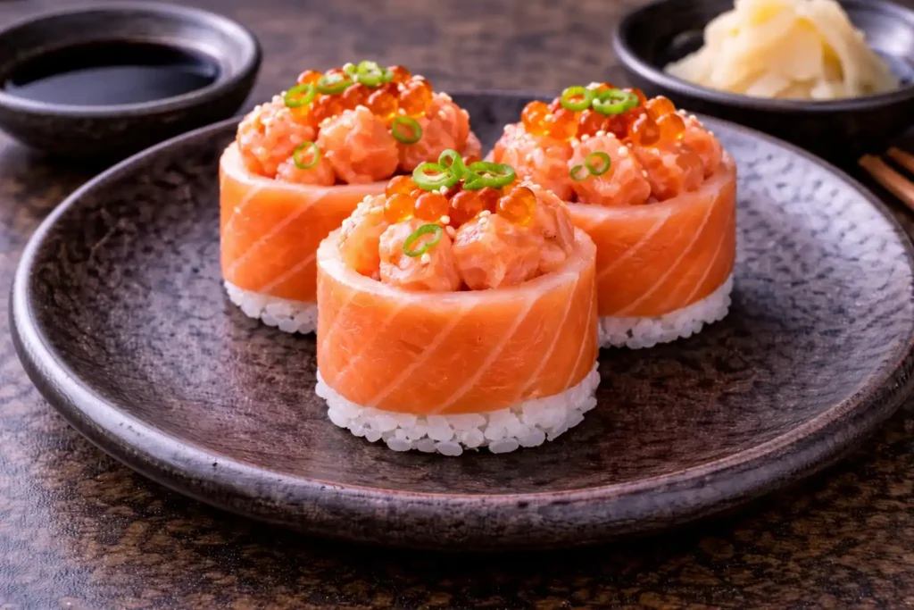 Sushi jow de salmão servido no prato, com arroz na base e fatia de salmão envolvendo o recheio cremoso, exemplo da diferença entre tipos de sushi.